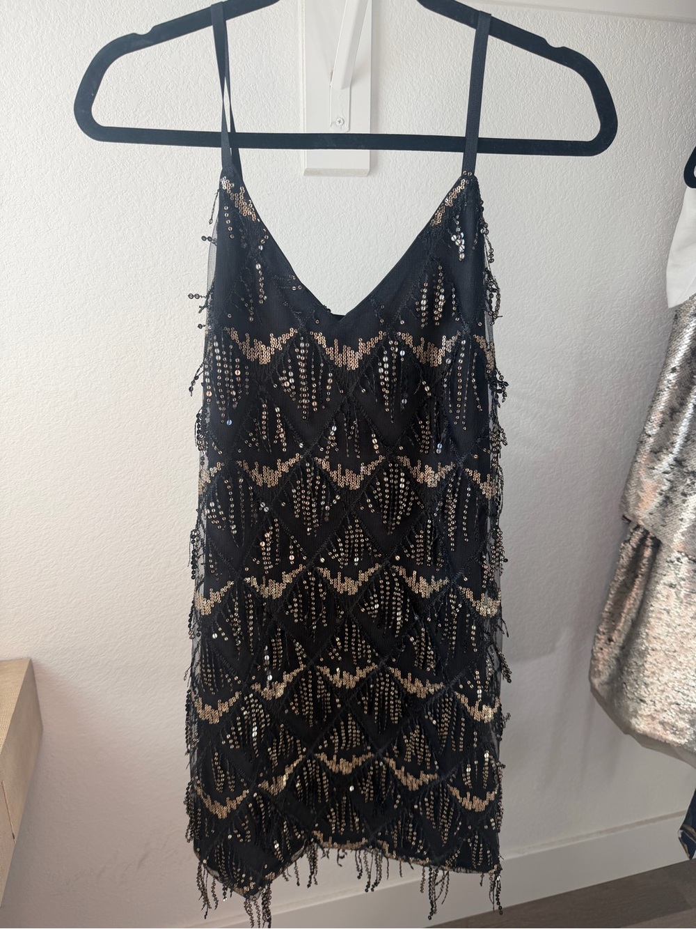 Black Sequin Fringe Slip Dress